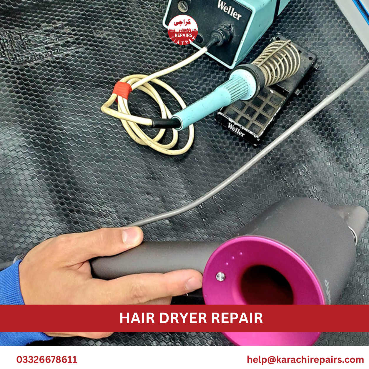 Technician doing hair dryer repair in Karachi