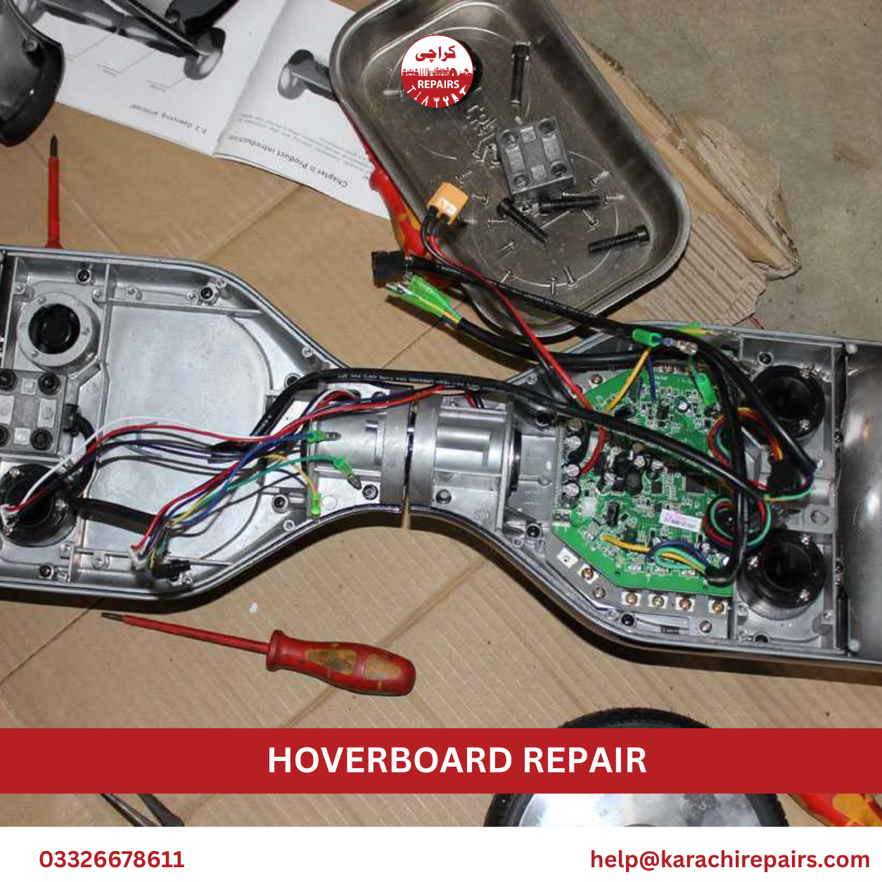 Opened hoverboard showing battery pack and mainboard during repair