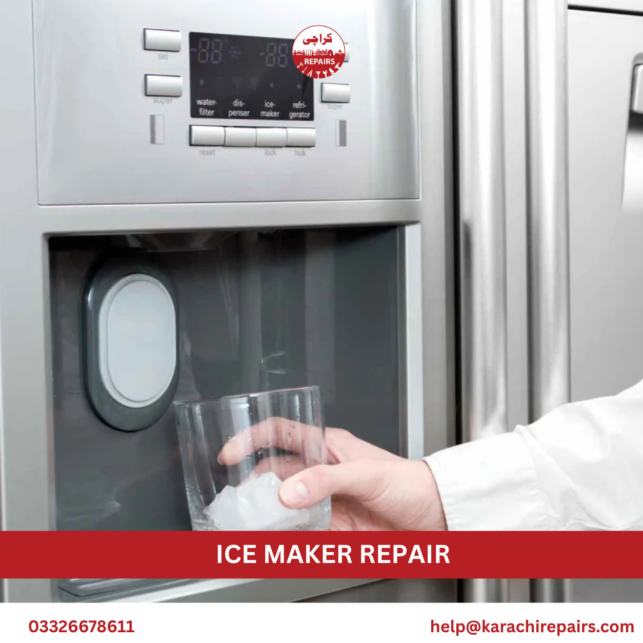 Technician repairing an ice maker mechanism in Karachi