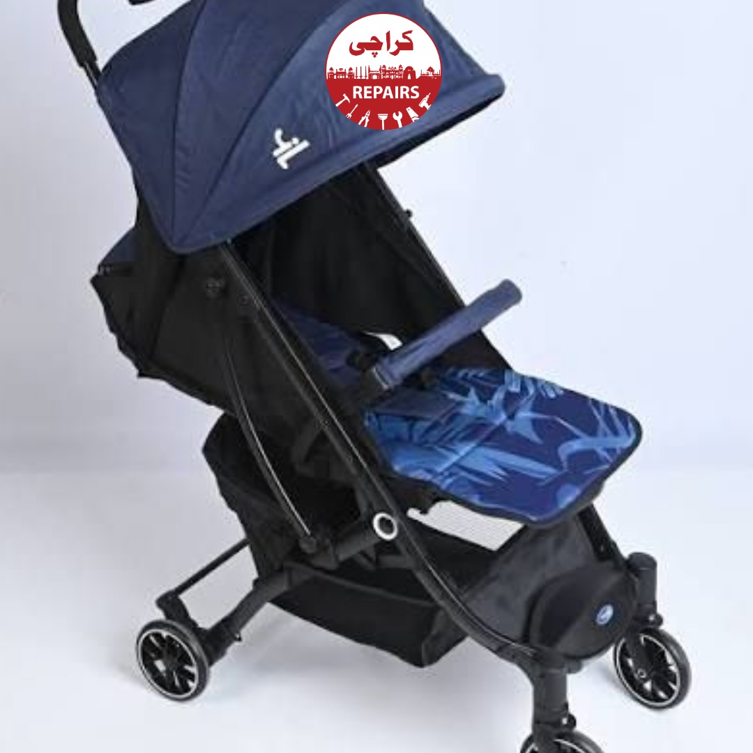 Expert mechanic fixing the side folding latch mechanism on an Infantes baby stroller in Karachi