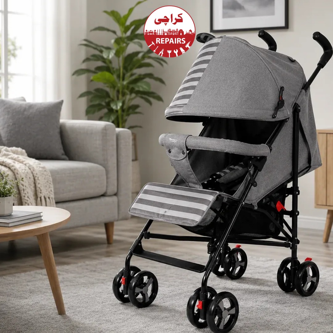 Various types of Infantes strollers including reversible handle prams being repaired in Karachi