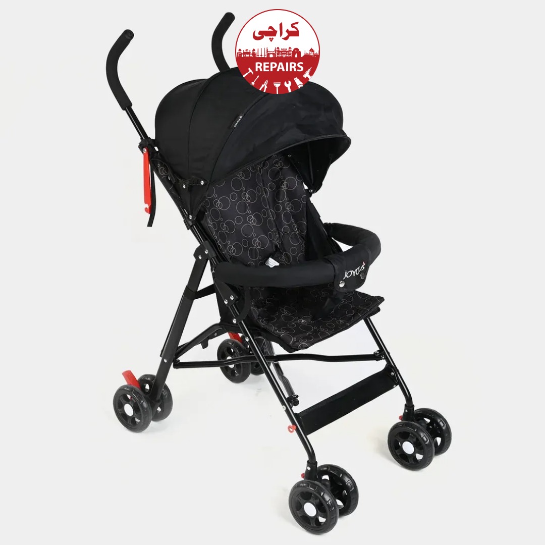 Expert mechanic fixing the side folding latch mechanism on a Joyous Popypapa baby stroller in Karachi