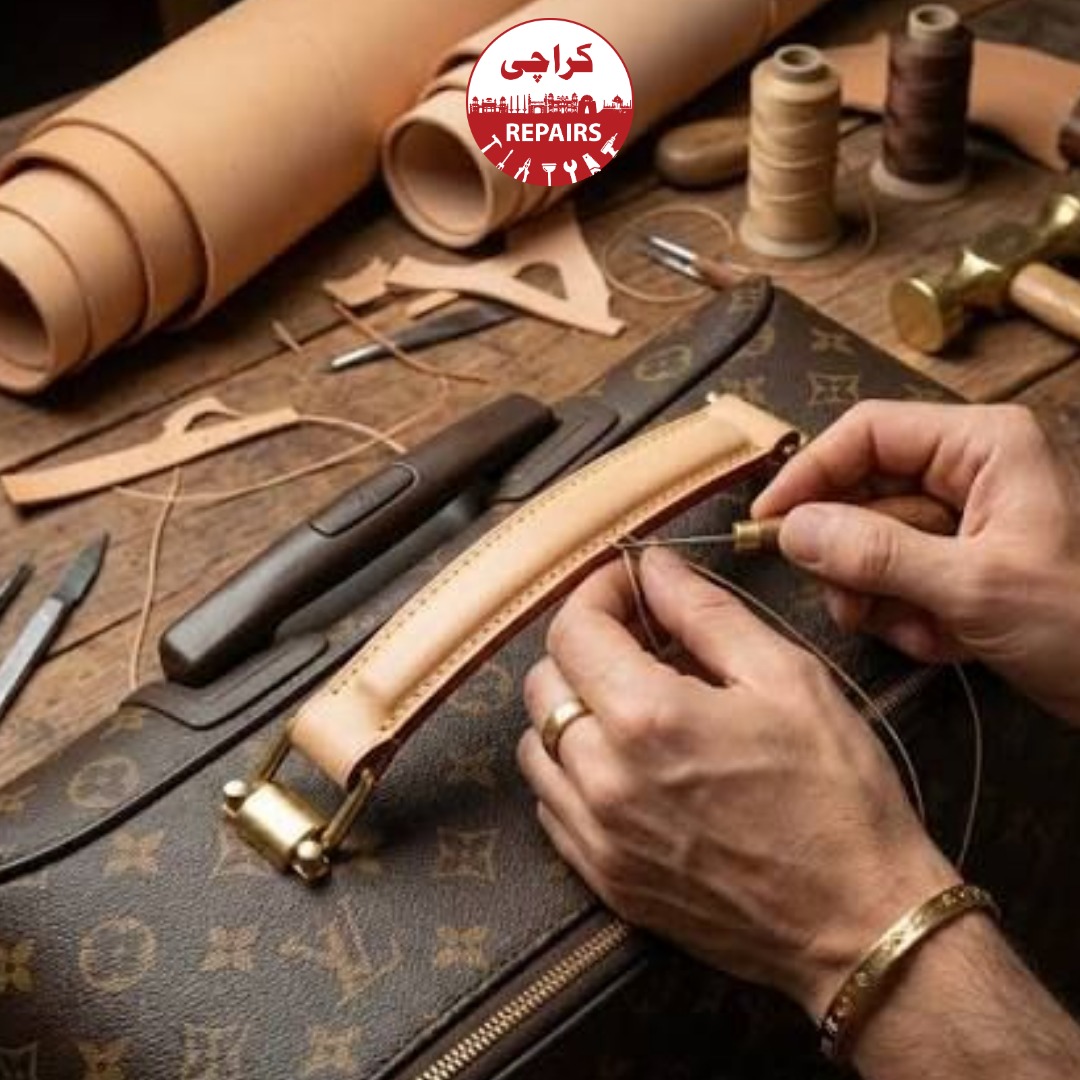 Expert repair technician installing new polyurethane wheels and aluminum handles on Louis Vuitton luggage