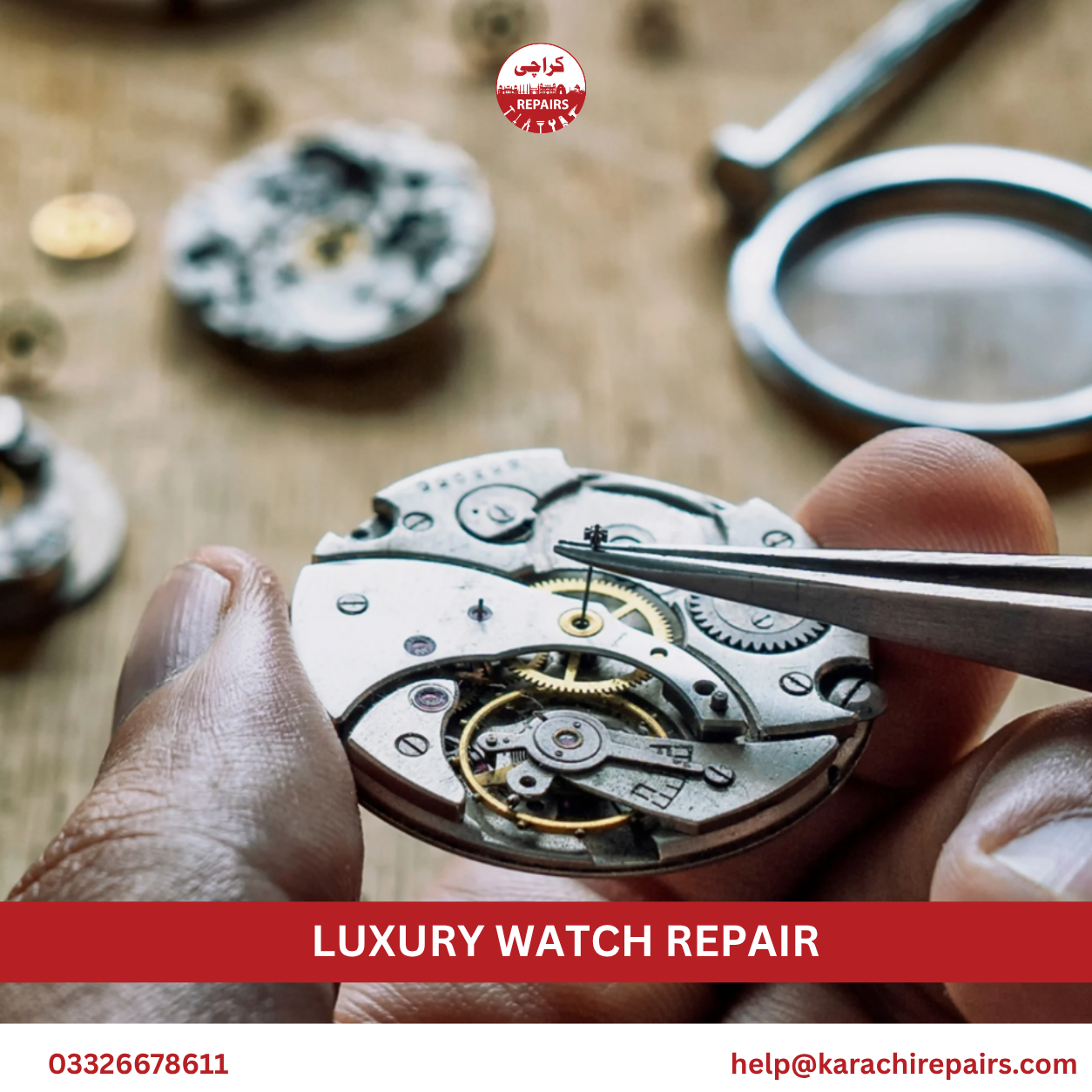Technician servicing a luxury watch movement at Karachi Repairs