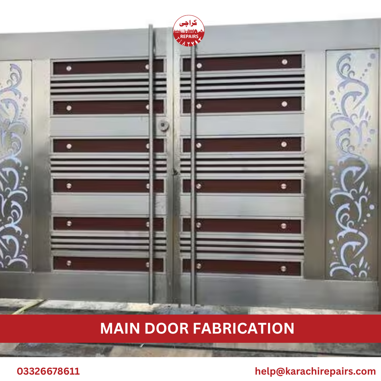 Finished powder coated main door installed by Karachi Repairs