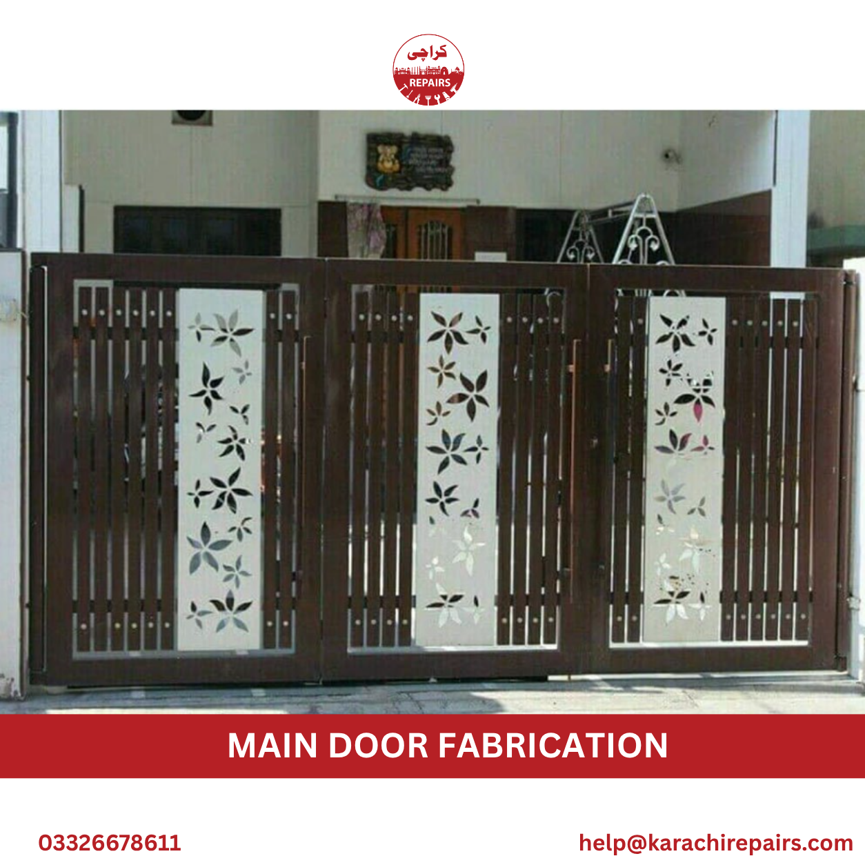 Iron security main door with grill design fabricated by Karachi Repairs