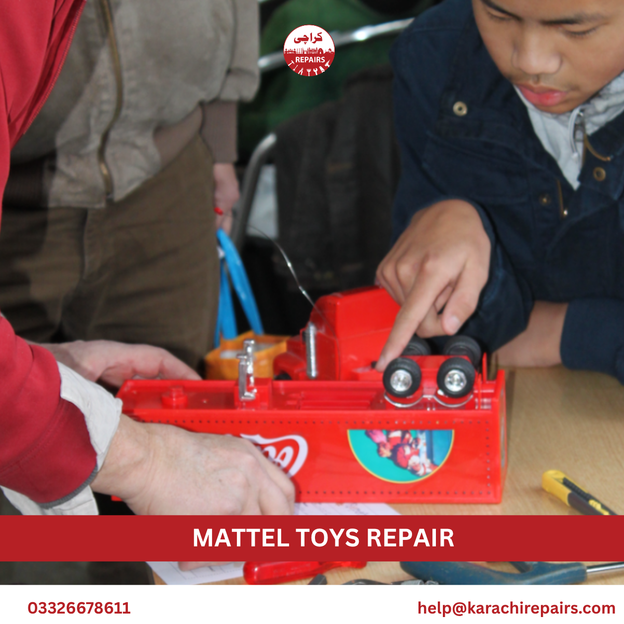 Technician repairing Mattel toy electronic component in Karachi