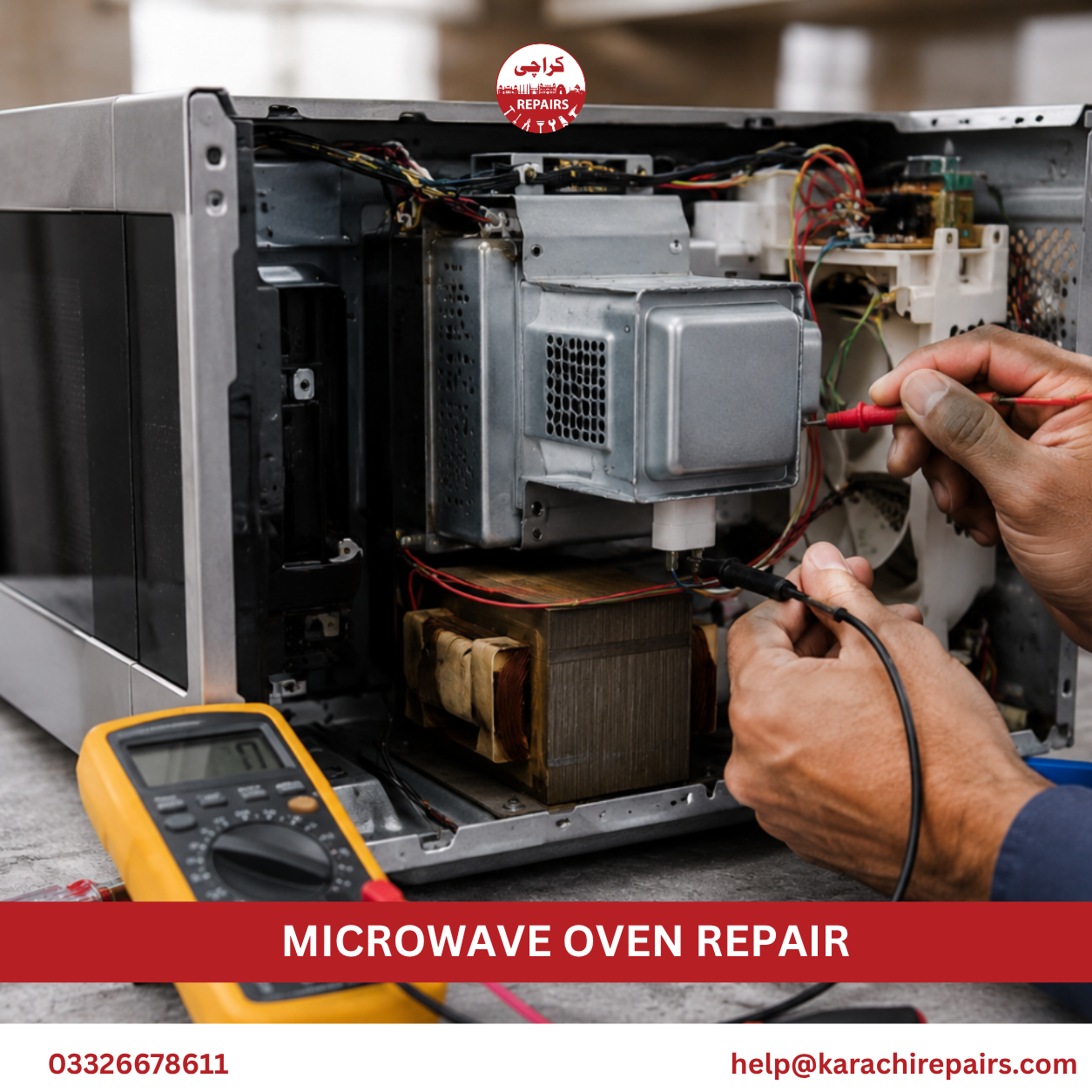 Technician doing Microwave Oven Repair at a home in Karachi
