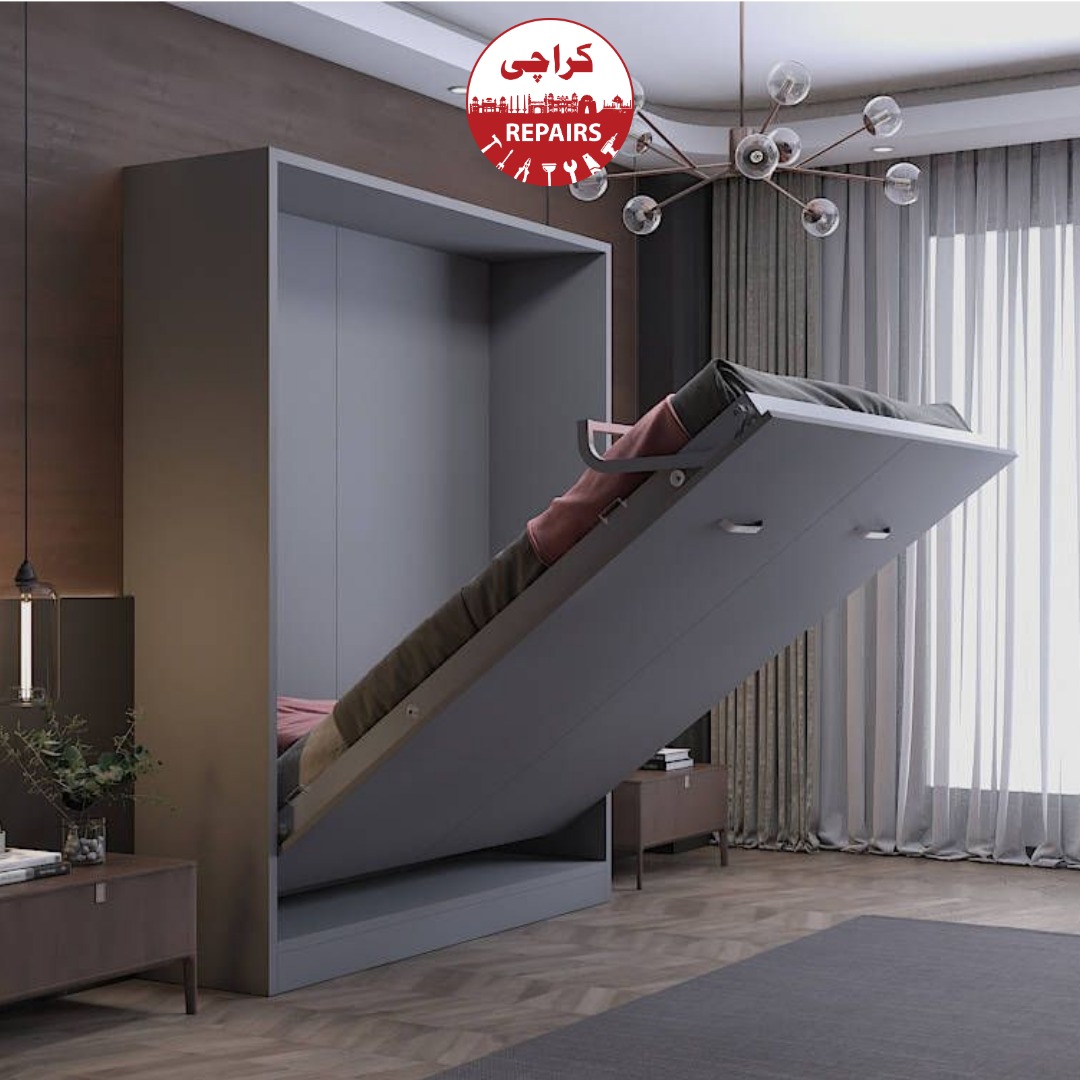 Space-saving Murphy wall bed installation in a modern studio apartment in Karachi