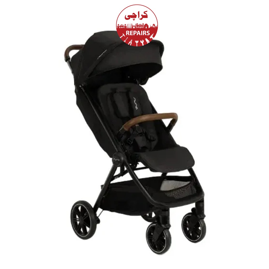 Professional safely repairing the plastic clips and folding joints of a luxury Nuna pram