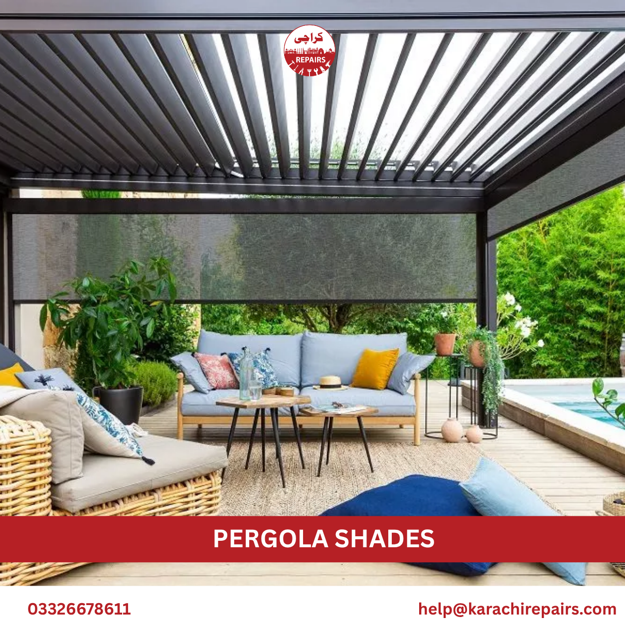 Louvered pergola shades with steel frame in Karachi