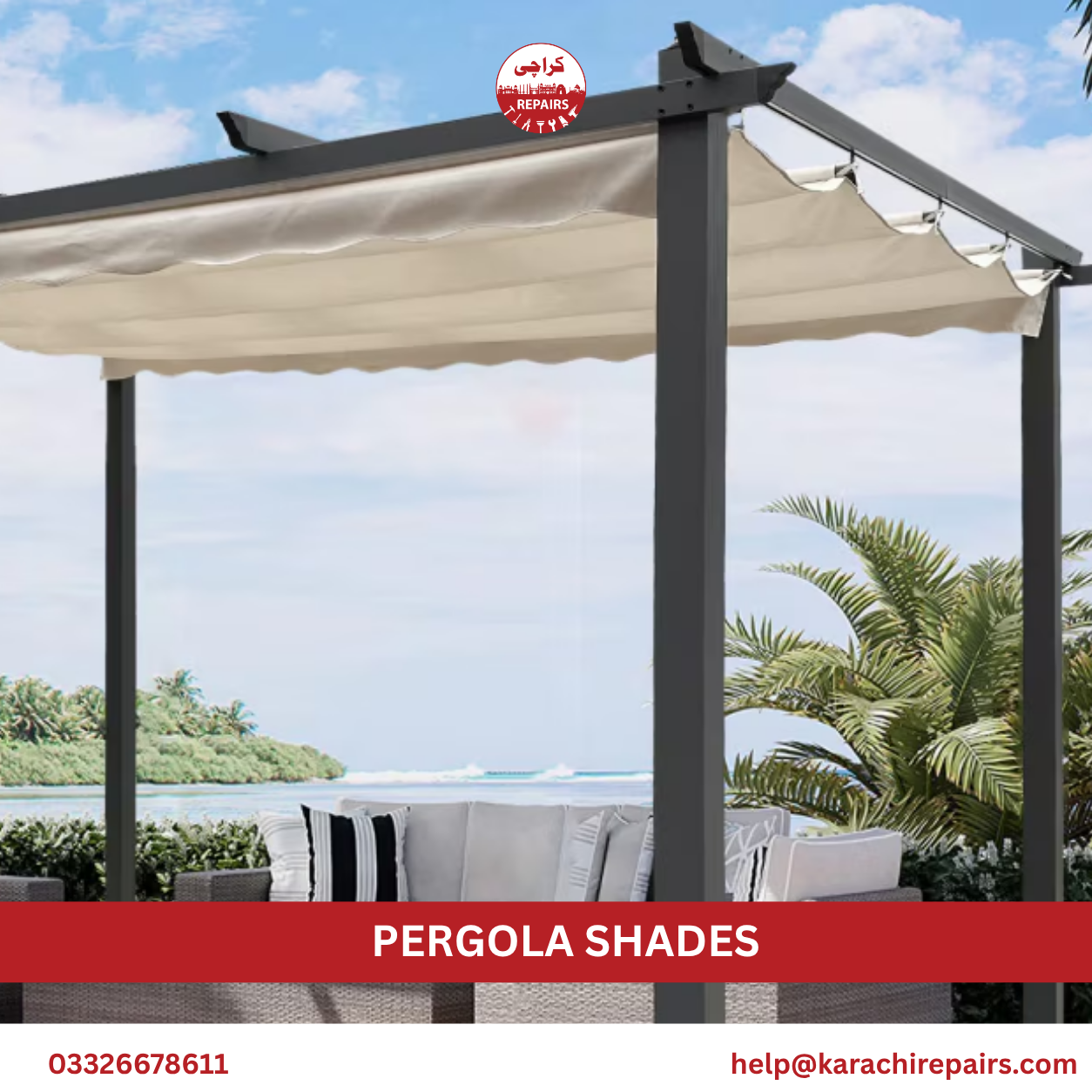 Large pergola shades fabricated by Karachi Repairs for outdoor seating