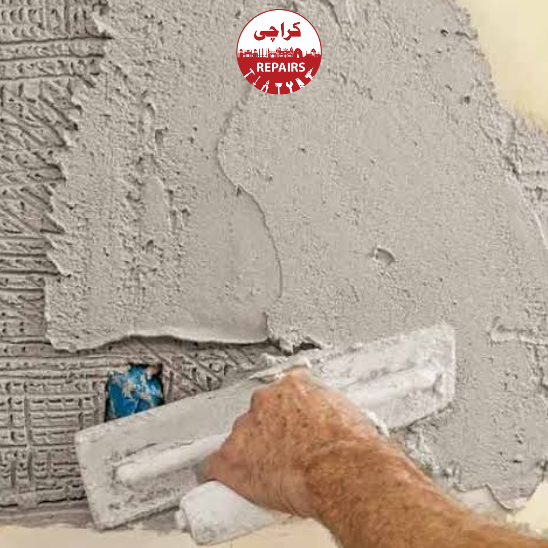 Various types of brick masonry, concrete slabs, and drywall undergoing professional plaster repair in Karachi