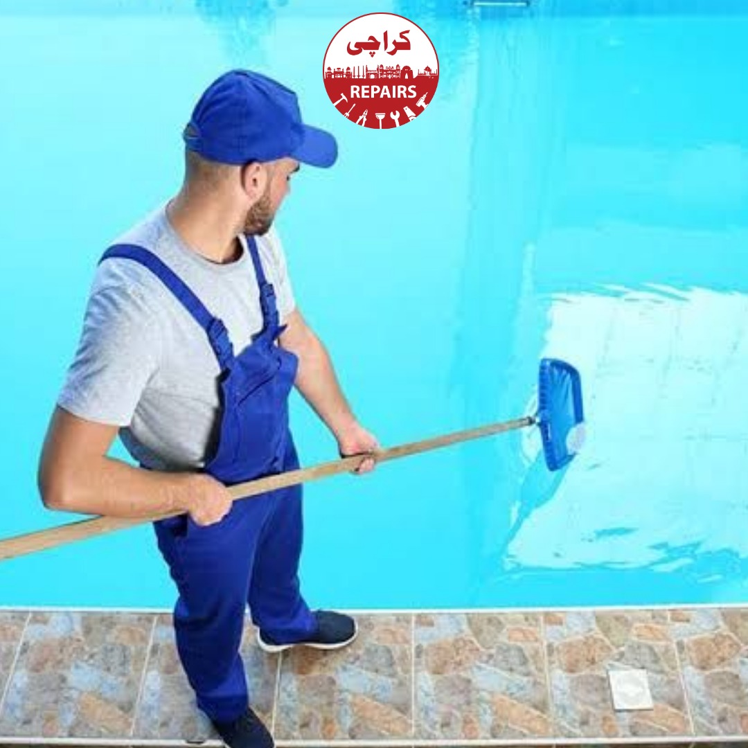 Professional safely using pool vacuum to clean dirt without scratching tiles