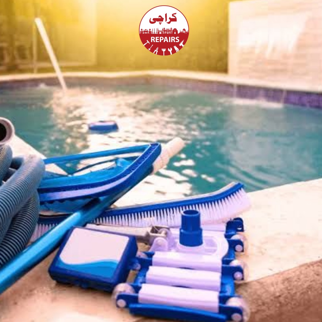 Expert pool technician checking chemical levels and cleaning a swimming pool in Karachi
