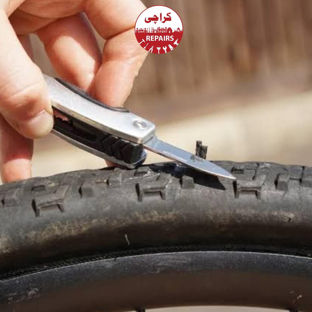 Various types of bicycle tires including mountain bike, road bike, and tubeless systems ready for puncture repair in Karachi