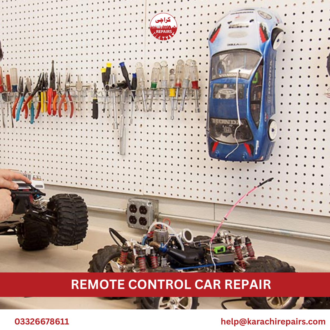 Technician repairing remote control car receiver and circuit board in Karachi