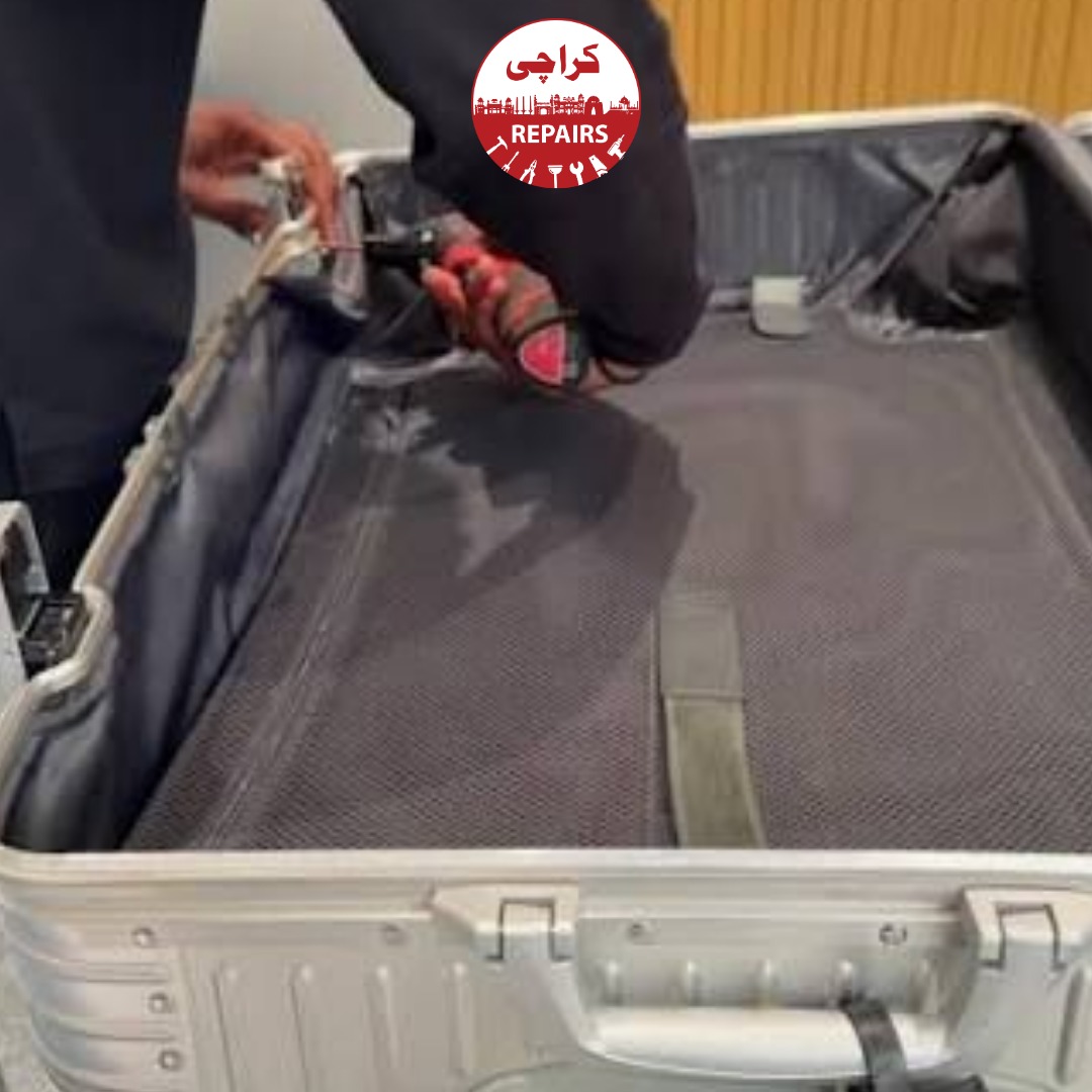 Aluminum and polycarbonate Rimowa luggage bags undergoing comprehensive repair in Karachi