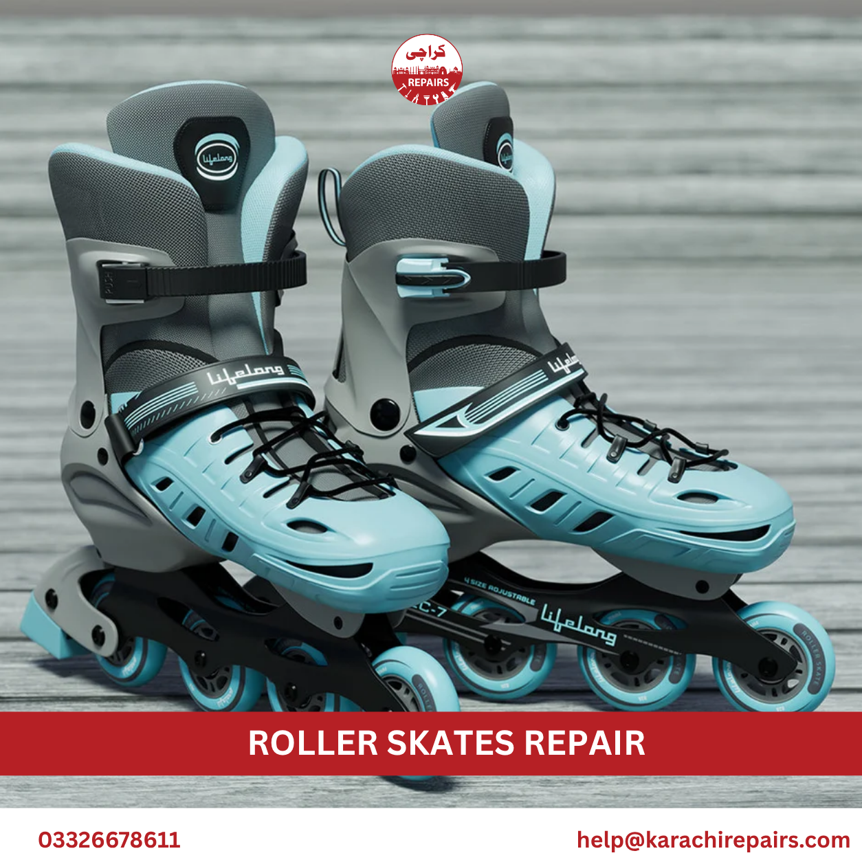 Repaired roller skates ready for child to use in Karachi