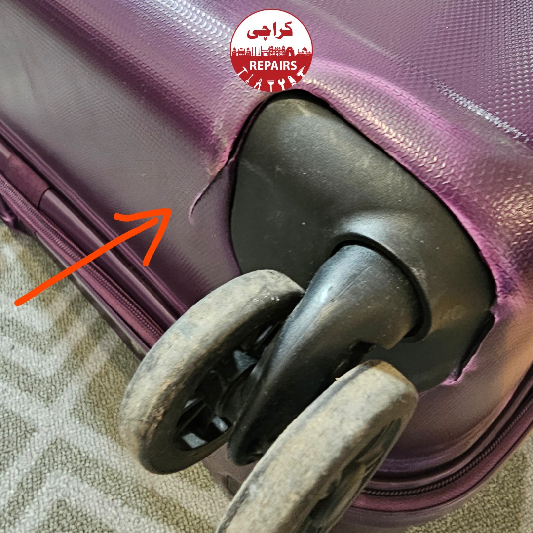 Hard-shell and soft-shell Samsonite luggage bags undergoing comprehensive repair in Karachi