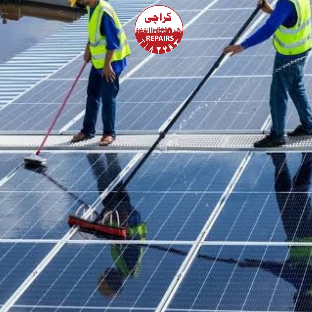 Various types of monocrystalline and polycrystalline solar panels undergoing deep cleaning in Karachi