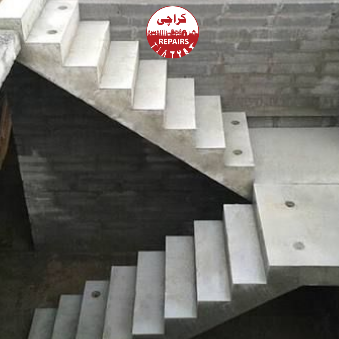 Expert mason calculating rise and run dimensions using precision laser tools for staircase construction