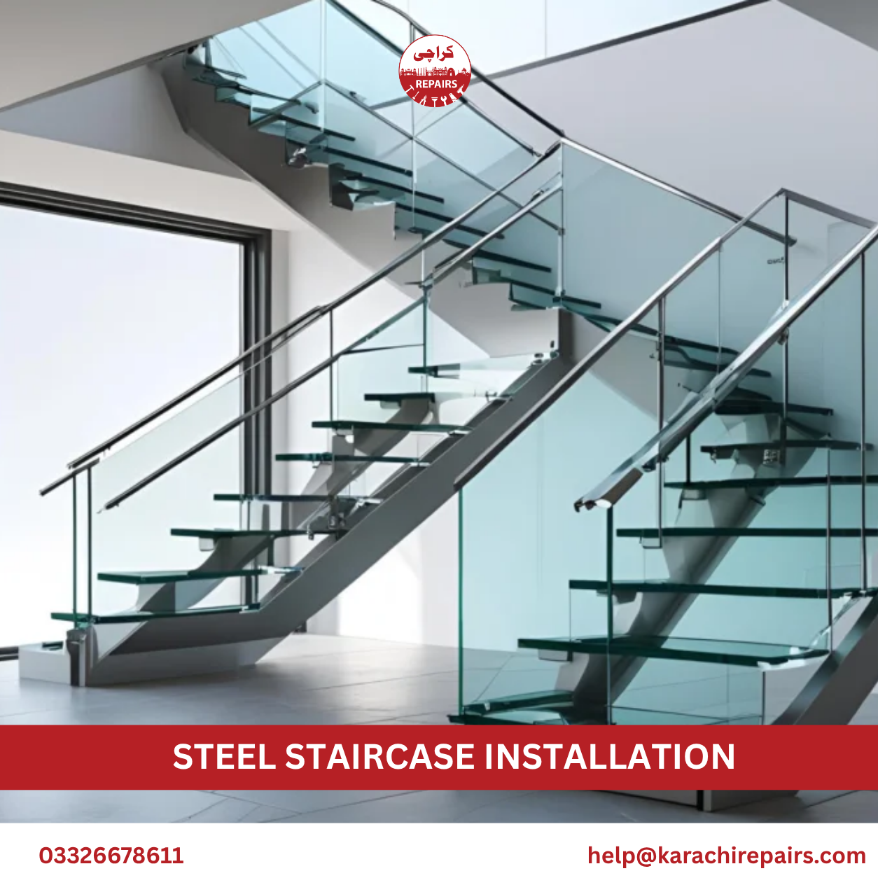 Finished steel staircase installation with railing in Karachi