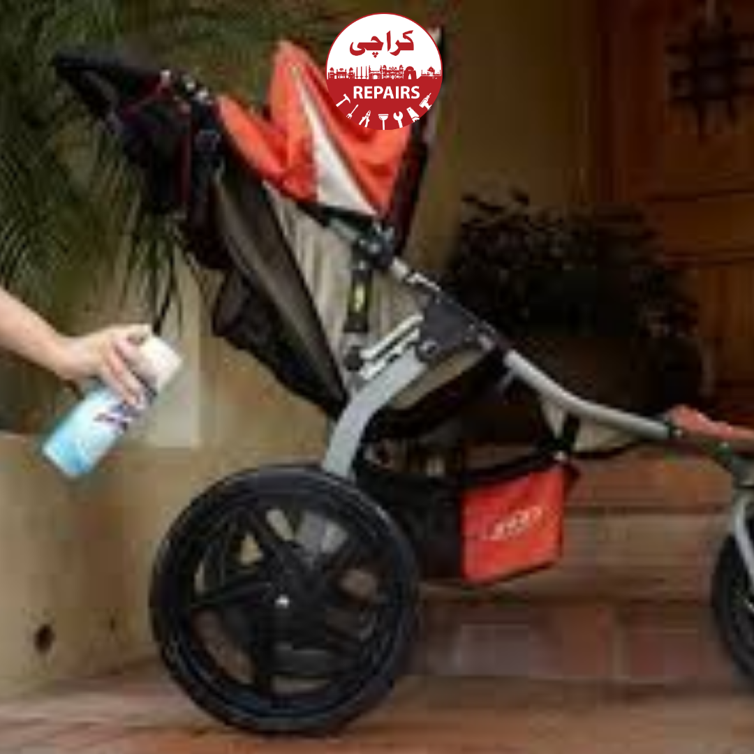 Various types of baby strollers including double prams getting washed in Karachi