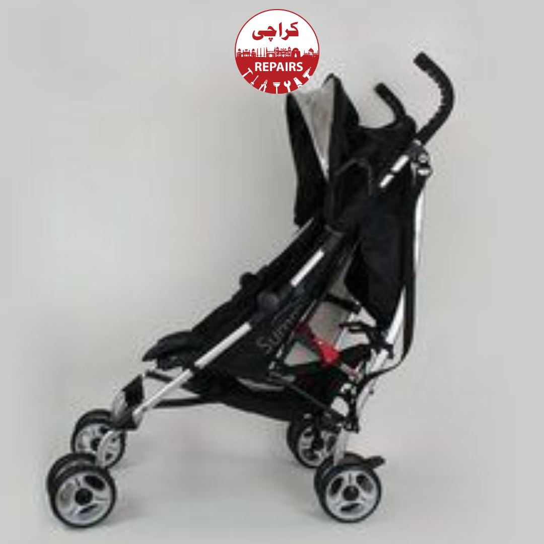 Expert repairman fixing the broken wheels of a baby stroller in Karachi