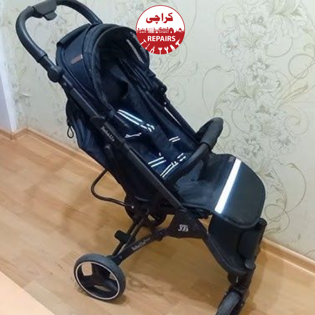 Various types of baby strollers including luxury prams and double buggies being repaired in Karachi