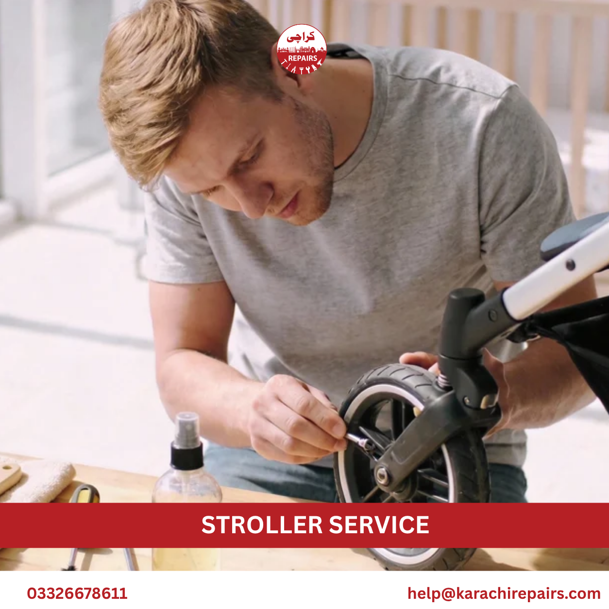 Karachi Repairs technician inspecting stroller folding mechanism and hood