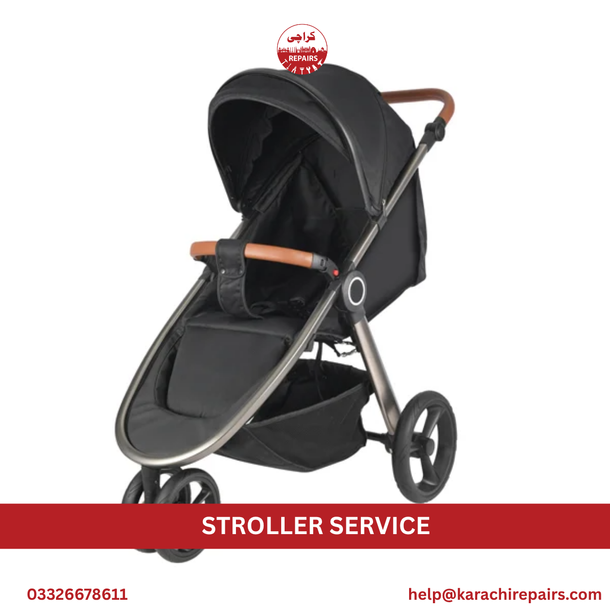 Close up of stroller wheel and brake repair by Karachi Repairs technician