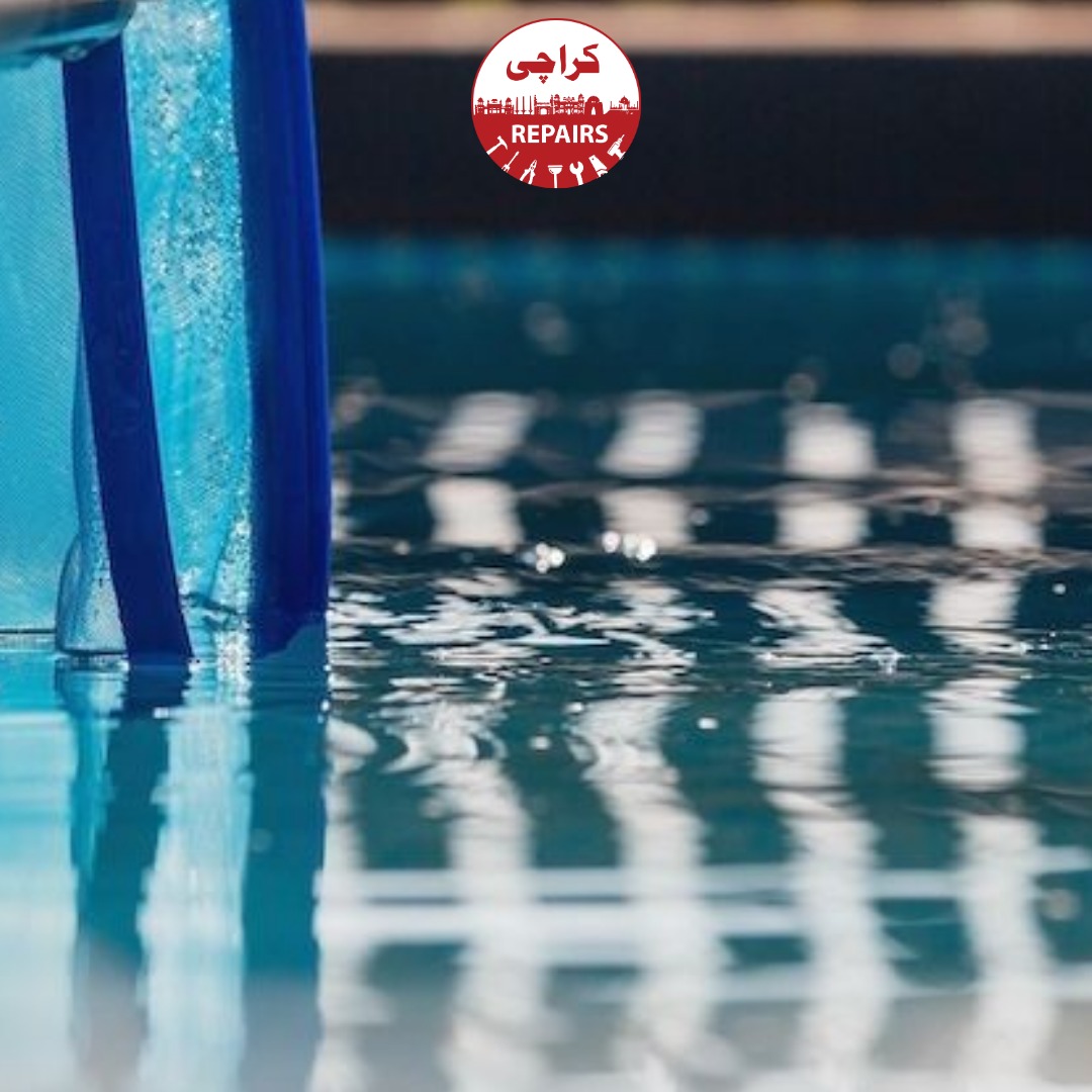 Expert cleaning technician testing pool water chemistry and applying pH-balanced chemicals