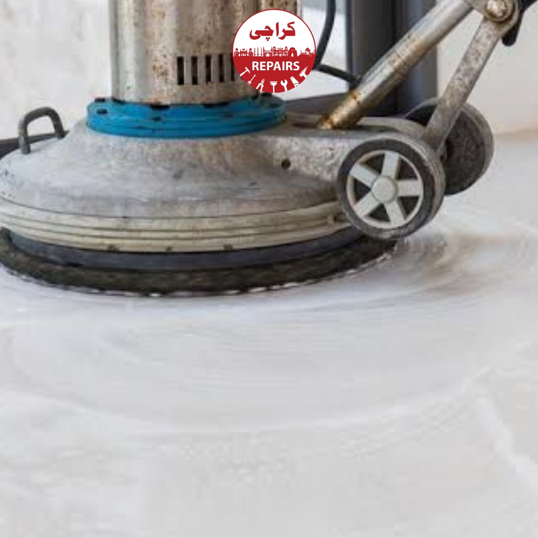 Expert cleaning technician applying pH-balanced emulsifiers using heavy-duty rotary scrubbers on tiles
