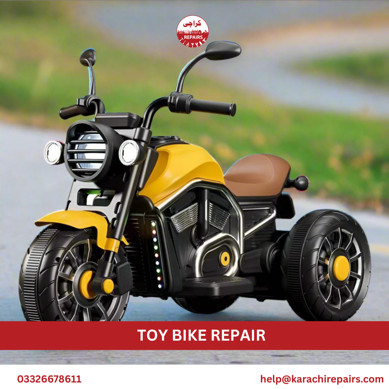 Technician repairing toy bike chain and pedal in Karachi