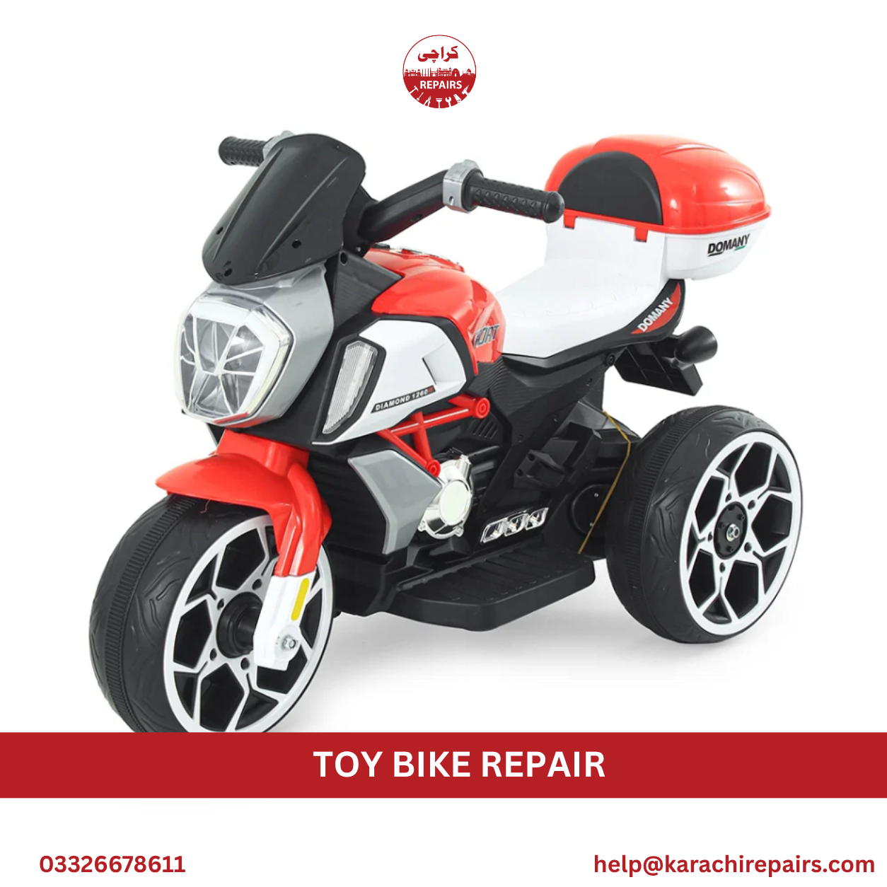 Repaired toy bike ready for child to ride in Karachi