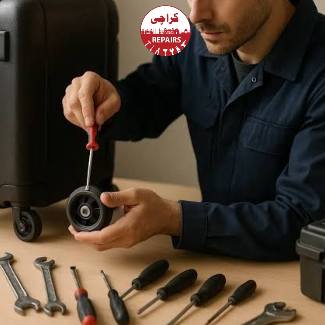 Expert repair technician installing new polyurethane wheels and aluminum handles on a trolley bag