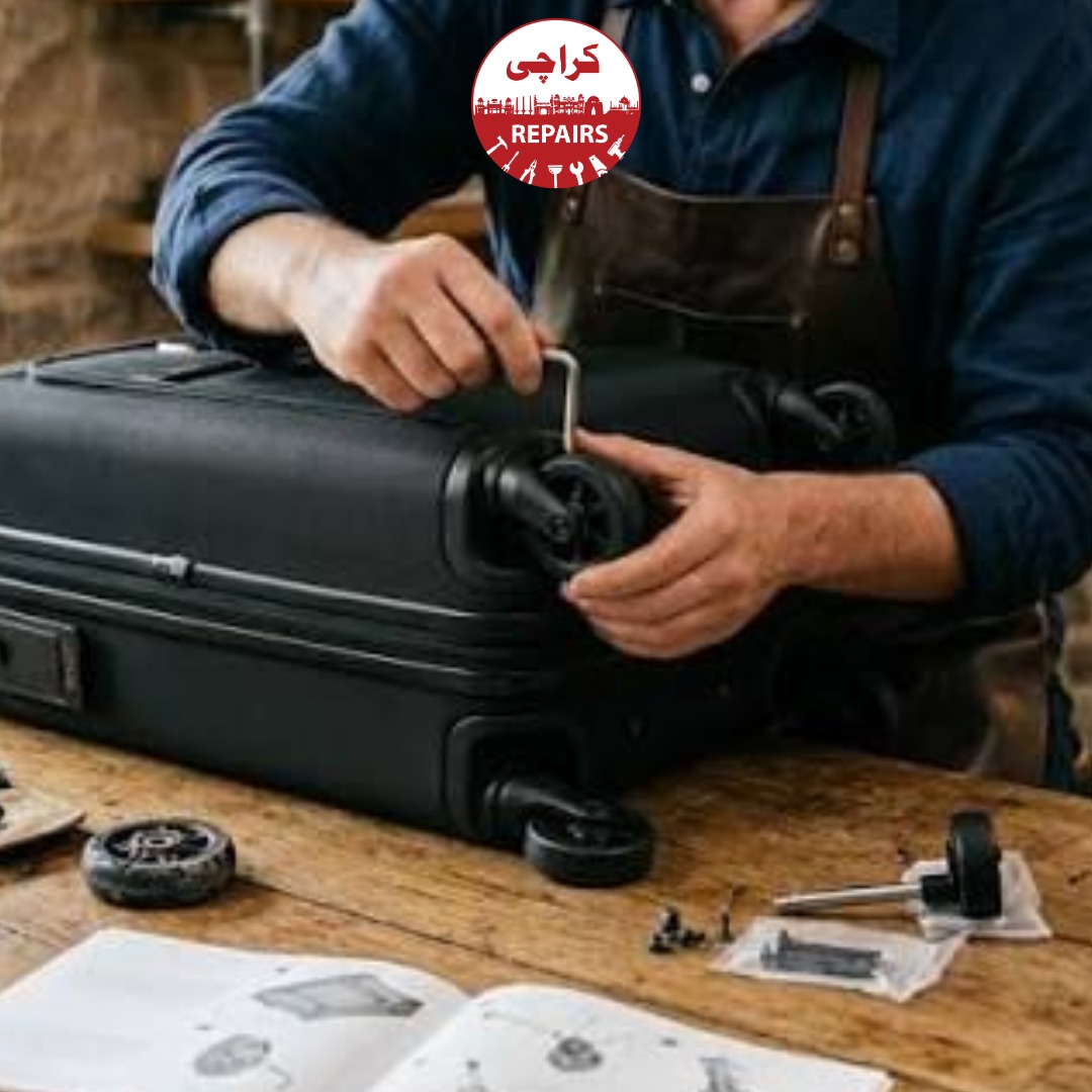 Expert repair technician installing new polyurethane wheels and aluminum handles on Tumi luggage