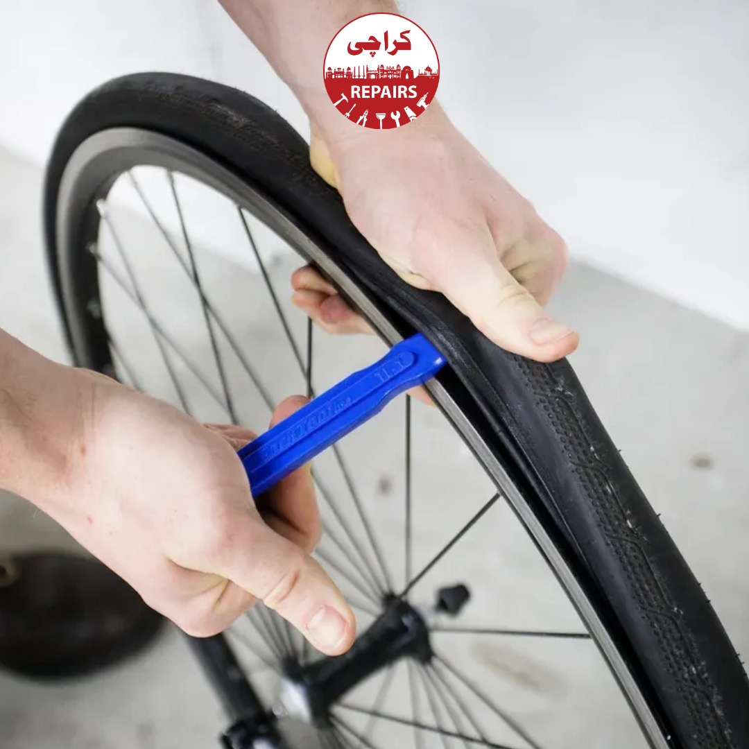 Various types of bicycle tires including mountain bike and road bike tires ready for fitting in Karachi