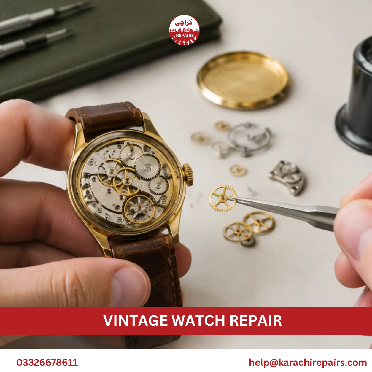 Technician repairing a vintage mechanical watch movement