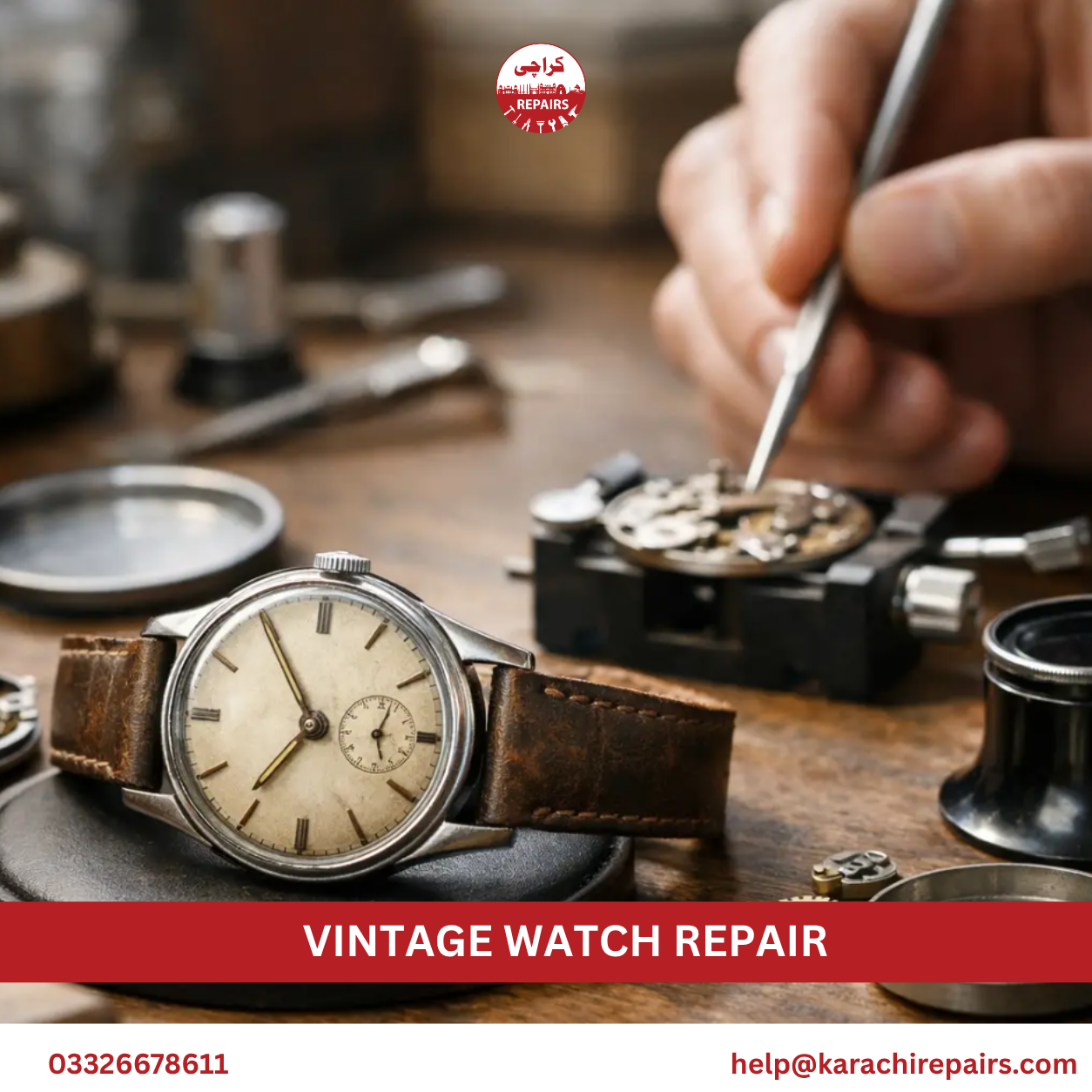 Disassembled vintage watch parts during repair service