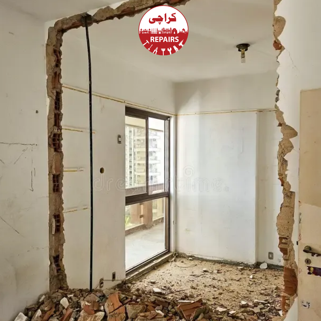Various types of brick masonry, RCC shear walls, and hollow blocks undergoing professional demolition in Karachi