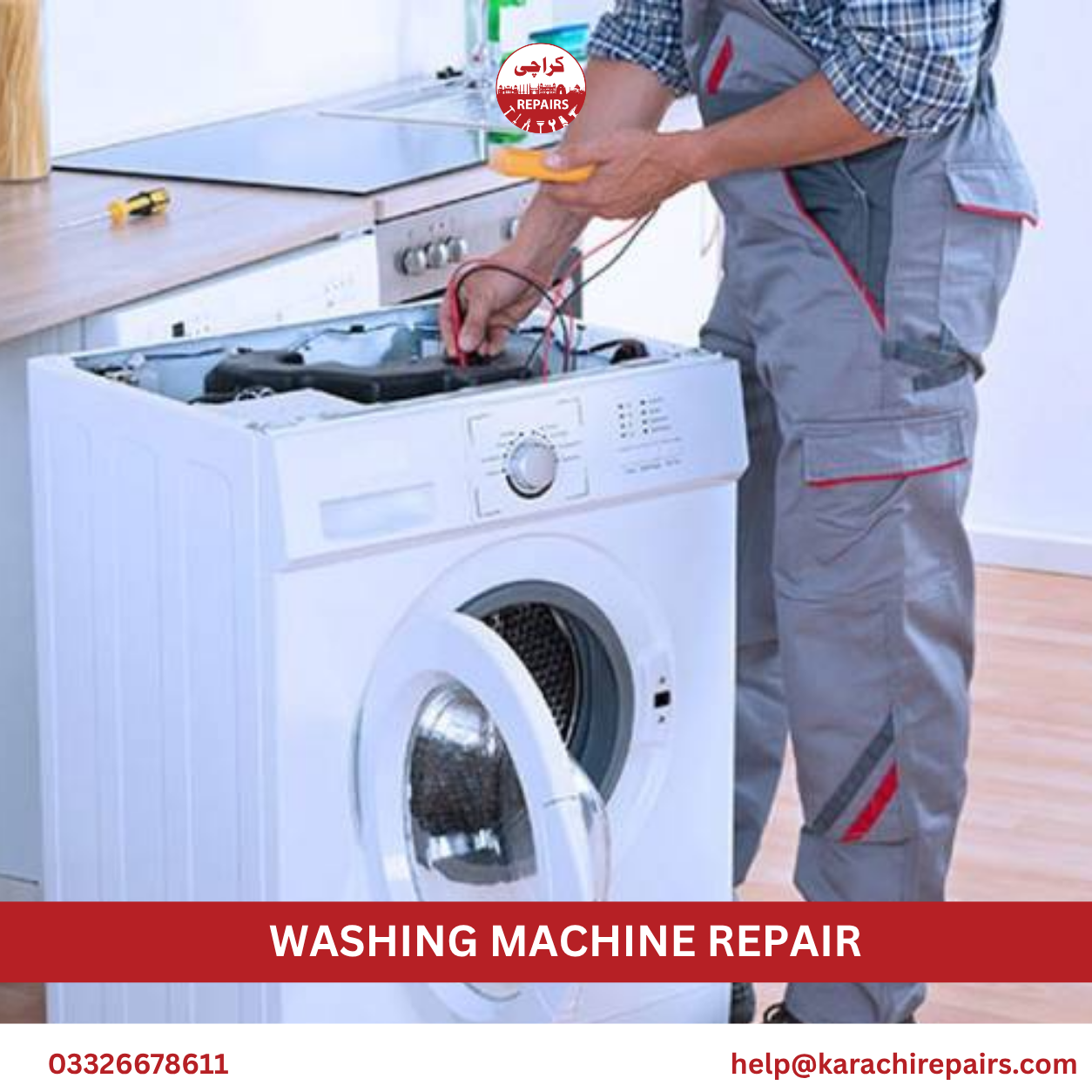 Technician checking the drain pump of a washing machine
