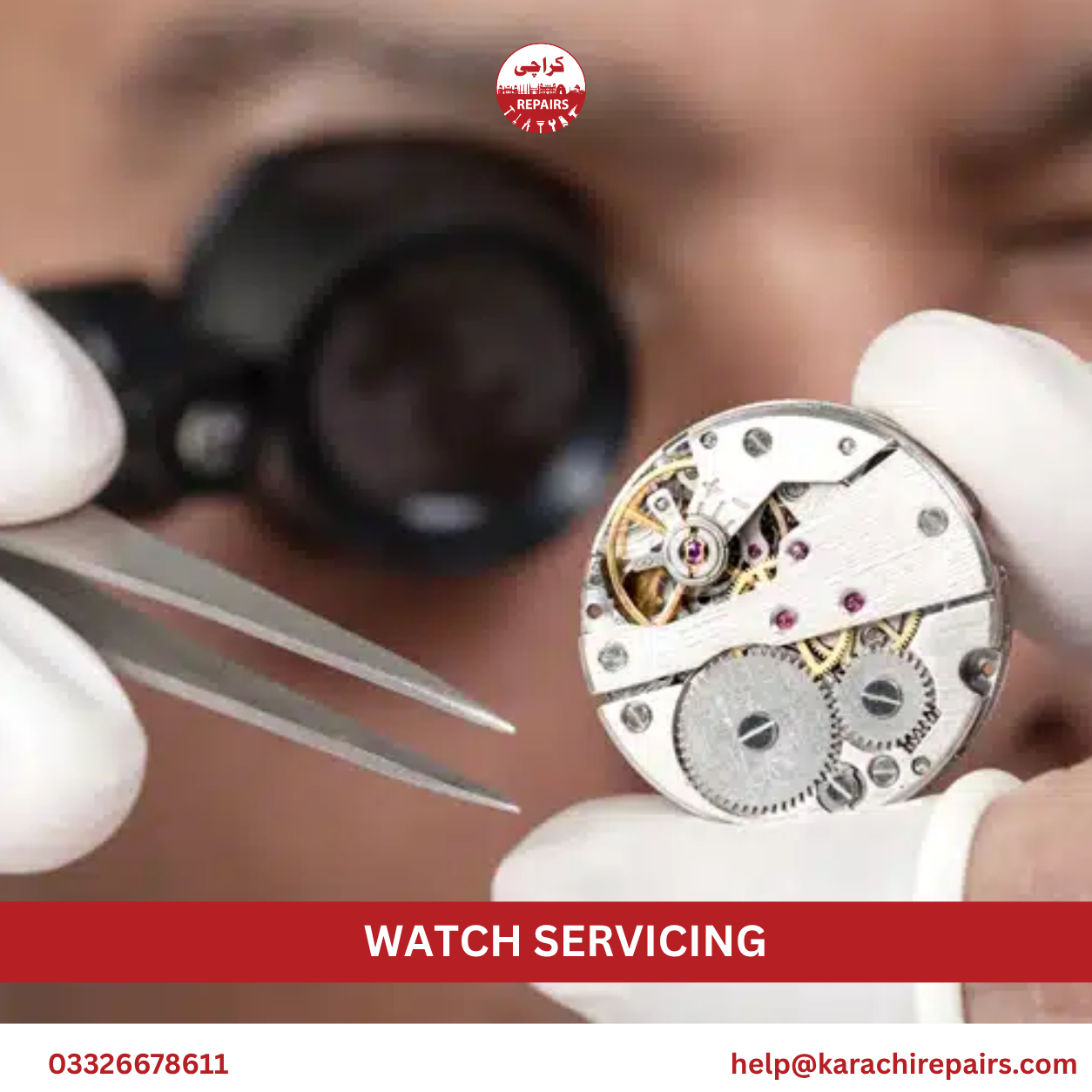 Watch parts laid out during a full service