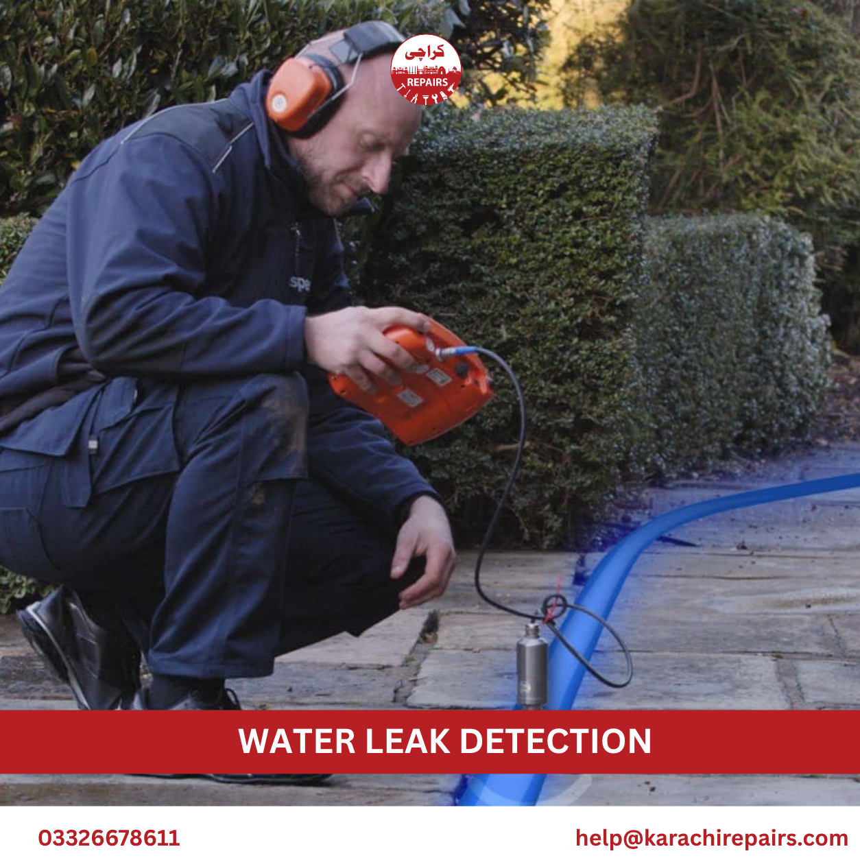Plumber using a moisture meter for water leak detection in a bathroom