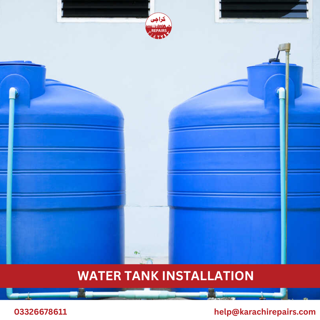 Rooftop water tank installation with stand and fittings