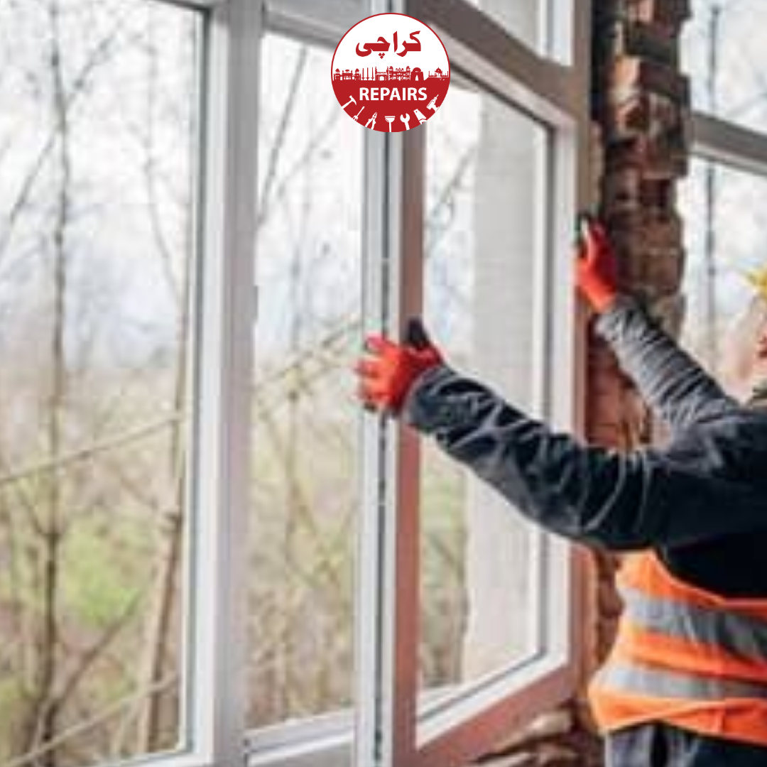 Expert mason aligning window frame reveals using laser levels and high-strength polymer mortar