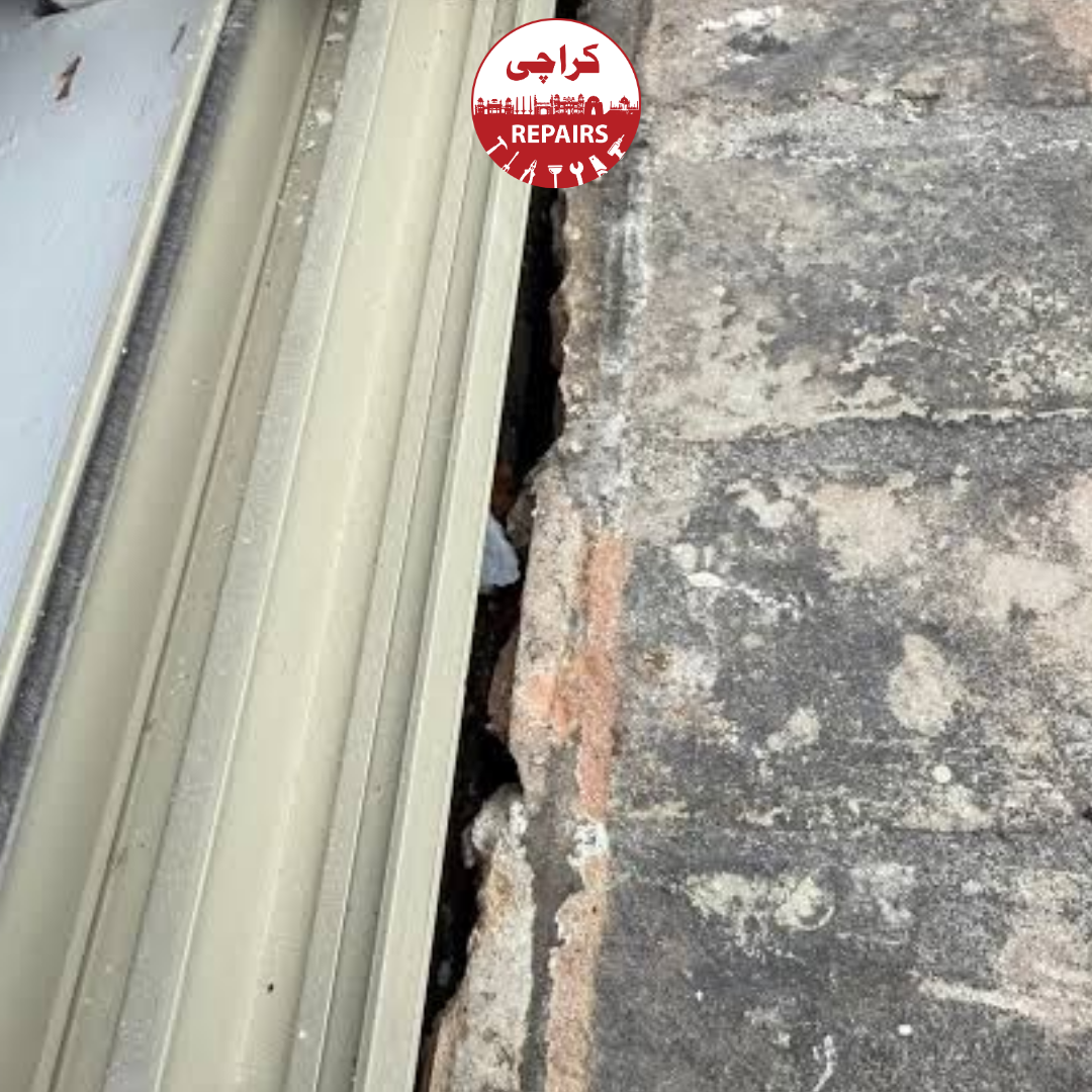 Various types of brick masonry, concrete blocks, and RCC columns prepared for window frame installation in Karachi