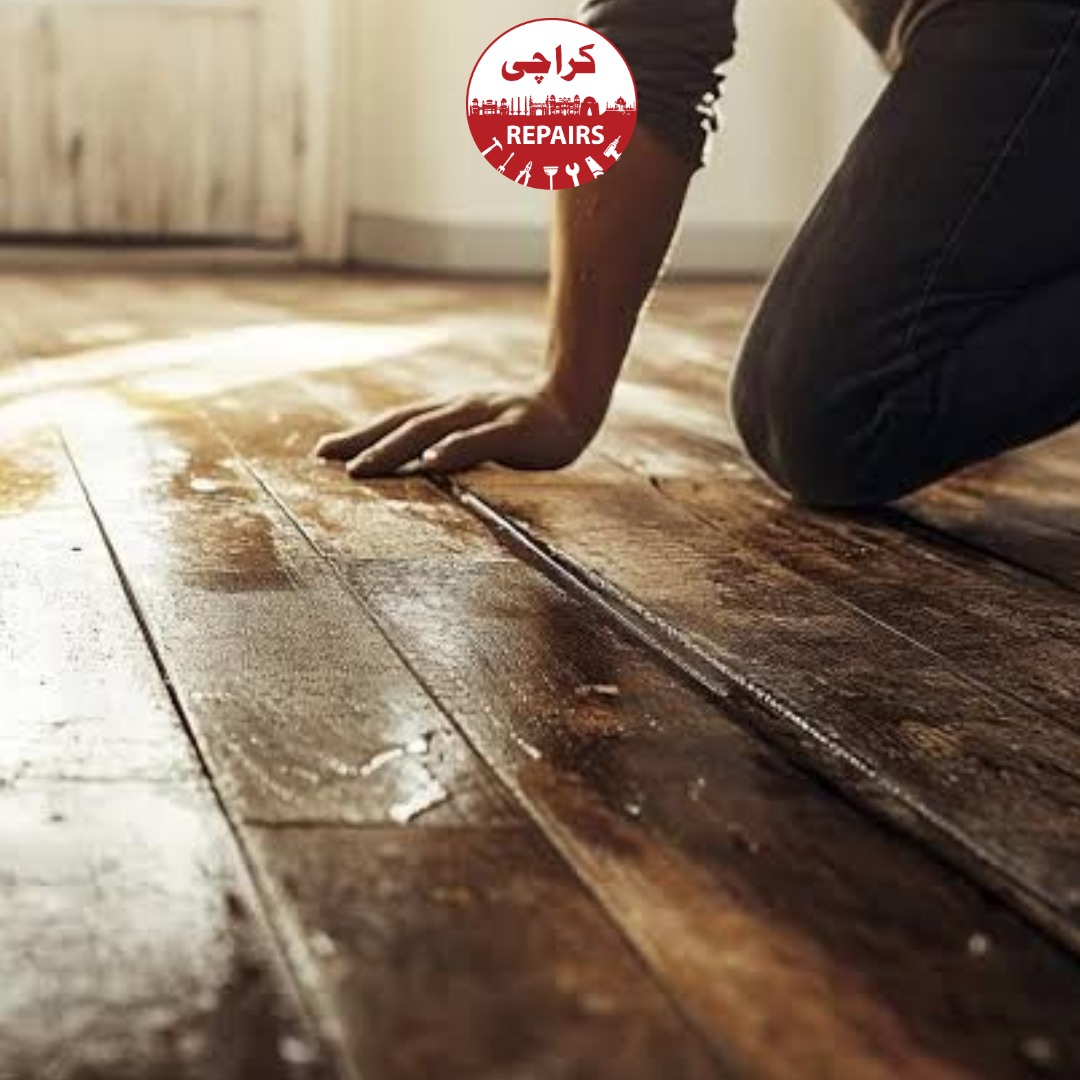 Expert carpenter sanding and polishing a solid hardwood floor