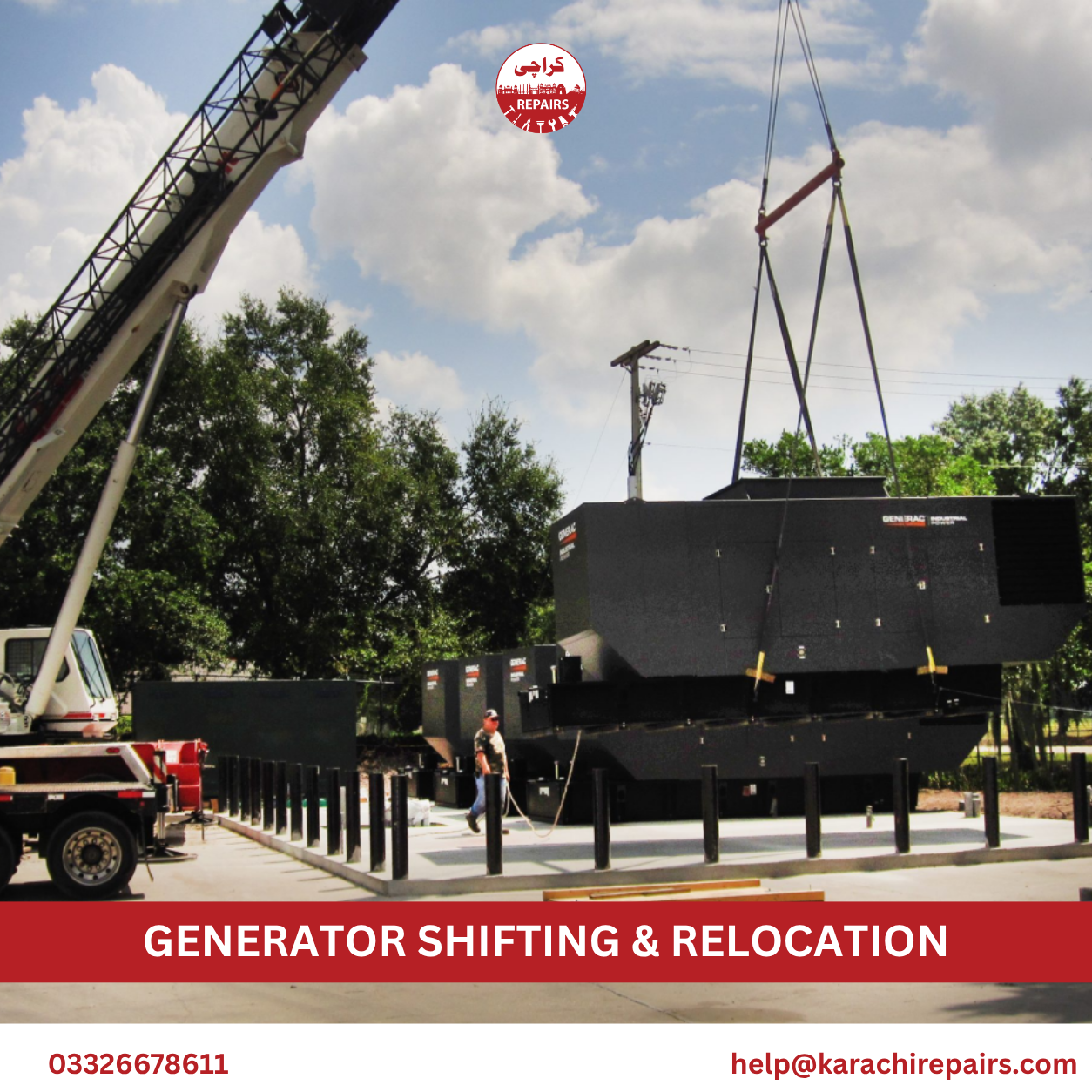Generator positioned on a concrete base with proper ventilation at the new site